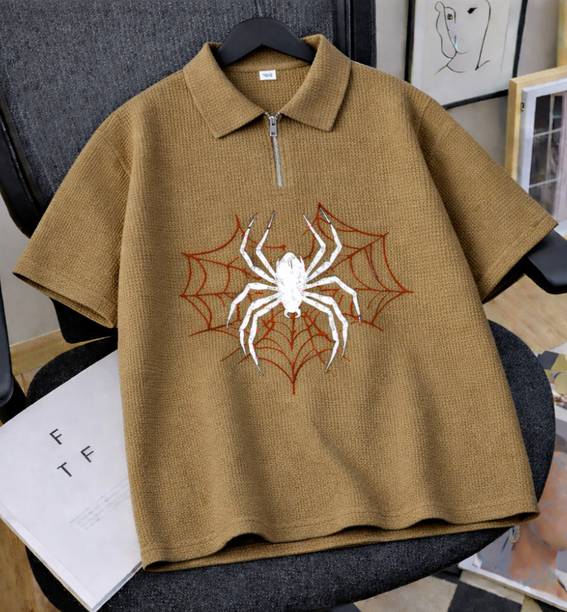 Women Graphic Print Zip Neck Cotton Blend Brown T-Shirt