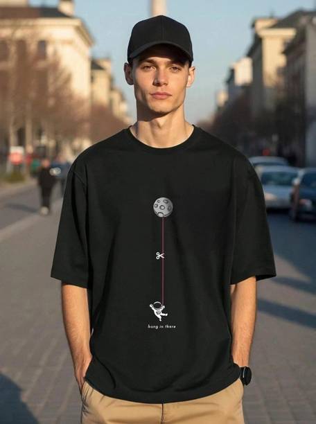 Oversized Men Printed Round Neck Pure Cotton Black T-Shirt