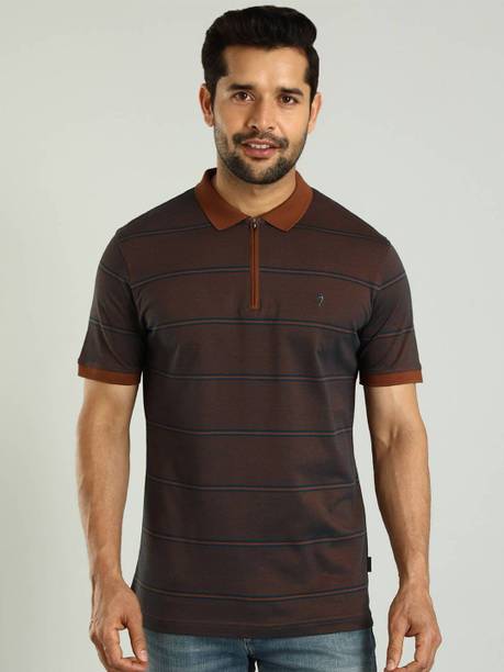 INDIAN TERRAIN Men Striped Polo Neck Pure Cotton Brown T-Shirt