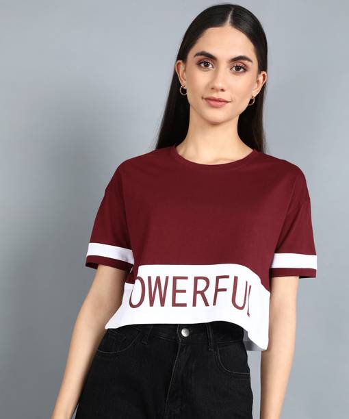 METRONAUT By Flipkart Printed Women Round Neck Cotton Blend White, Maroon T-S...