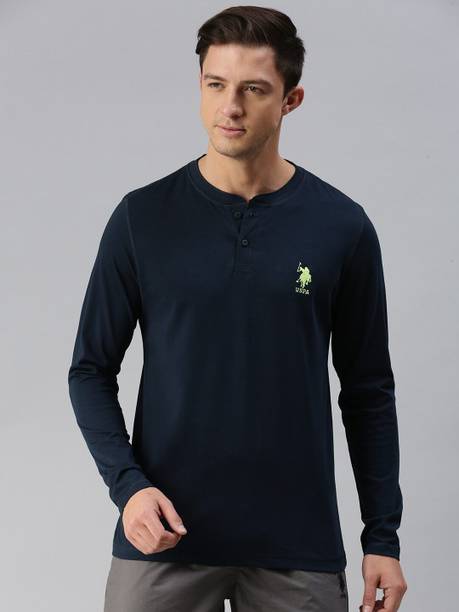 Men Solid Mandarin Collar Pure Cotton Blue T-Shirt
