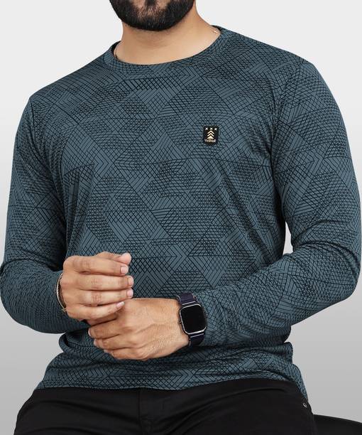 VeBNoR Men Abstract Round Neck Polycotton Grey T-Shirt