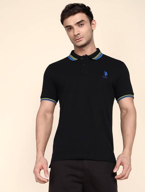 Men Floral Print Polo Neck Pure Cotton Black T-Shirt
