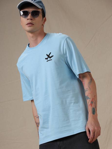 Men Solid Round Neck Cotton Blend Light Blue T-Shirt