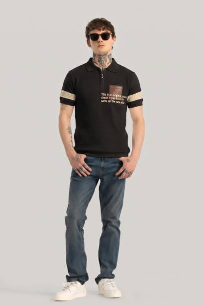 Men Self Design Zip Neck Pure Cotton Black T-Shirt
