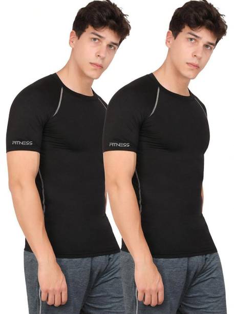 Pack of 2 Men Solid Round Neck Polyester Black T-Shirt
