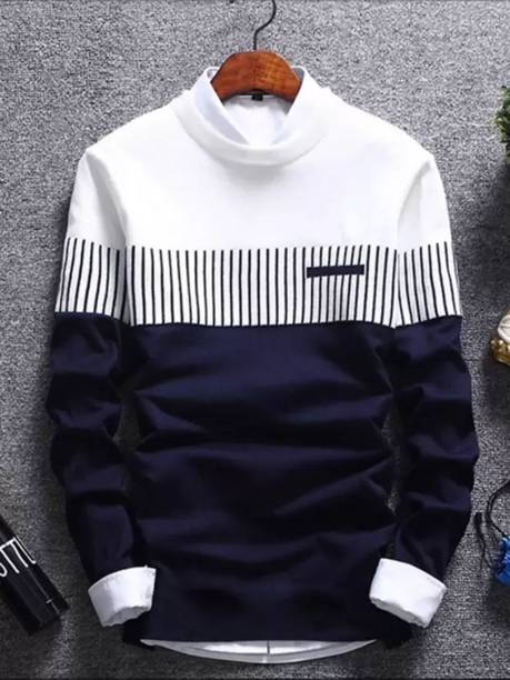 Men Colorblock Crew Neck Cotton Blend Dark Blue T-Shirt