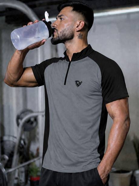 Men Colorblock Zip Neck Polyester Black, Grey T-Shirt