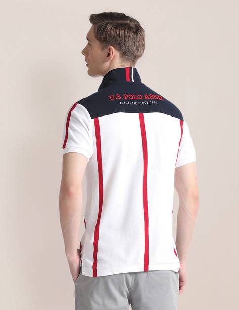 Men Striped, Typography Polo Neck Pure Cotton White T-Shirt
