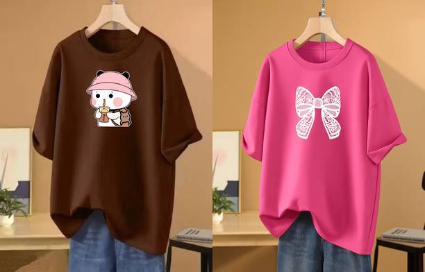 Pack of 2 Women Printed Round Neck Cotton Blend Brown, Pink T-Shirt