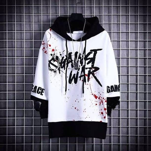 Men Typography Hooded Neck Cotton Blend White, Black T-Shirt