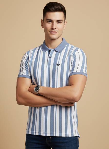 Men Self Design Polo Neck Polyester Blue T-Shirt