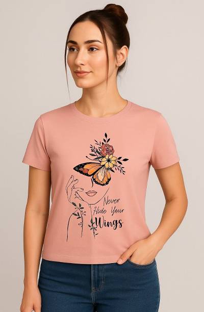 HouseOfCommon Women Printed Round Neck Polyester Pink T-Shirt