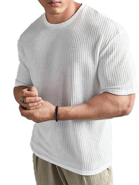 Men Solid, Self Design Round Neck Polycotton White T-Shirt