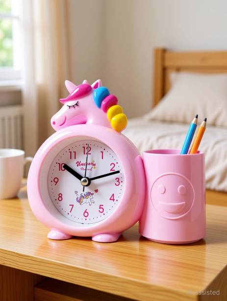 RHINETOYS Analog Unicorn Alarm Clock: Loud Bell, Pen Holder, Multicolored Clock
