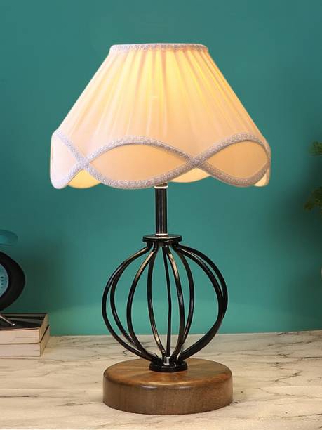 Devansh Off-White Vintage Cotton Table Lamp With Iron & Wood Natural Base For Bedroom Table Lamp