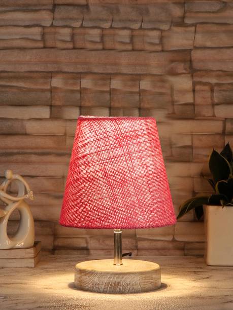 Devansh Pink Jute Round White Brushed Wood Table Lamp For Home, Office And Bedroom Table Lamp