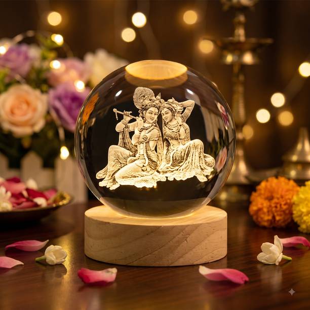 SHYAM TRADING 3D Crystal Radha Krishna LED Night Lamp with Wooden Base Decorative Showpiece - 8 cm