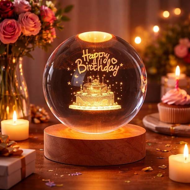One23POP Happy Birthday 3D Crystal Ball Lamp, USB LED Night Light with Wooden Base Decor! Table Lamp
