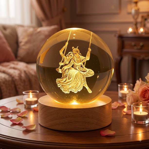 SHYAM TRADING Radha Krishna Crystal Ball LED Lamp with Wooden Base Decorative Showpiece - 8 cm