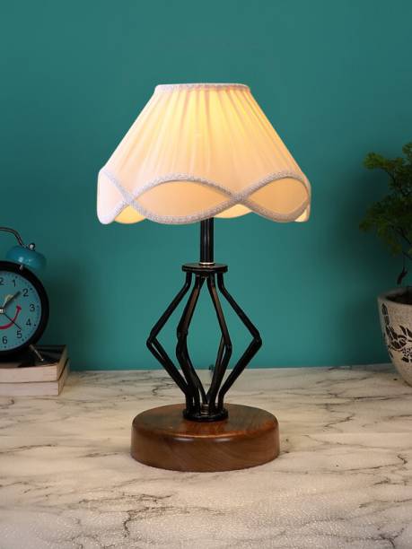 Devansh Off-White Vintage Cotton Table Lamp With Iron And Wood Natural Base For Bedroom Table Lamp