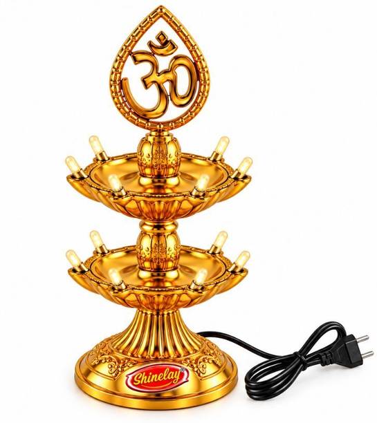 shinelay 2 Layer Golden Electric Diya Lamp with OM Design | LED Deepak for Pooja Table Lamp