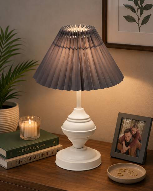 Glowhere Farmhouse Matte Table Lamp, Grey Pleated Fabric Shade for Bedroom & Study Table Lamp