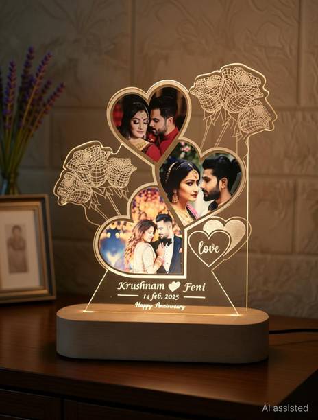 Shayona Customized LED Lamp with Name & Date Heart-Shaped Design with Roses Anniversary Table Lamp