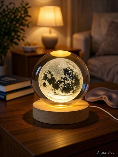 One23POP 3D Crystal Moon Lamp LED Night Light with Wooden Base USB Powered Table Lamp