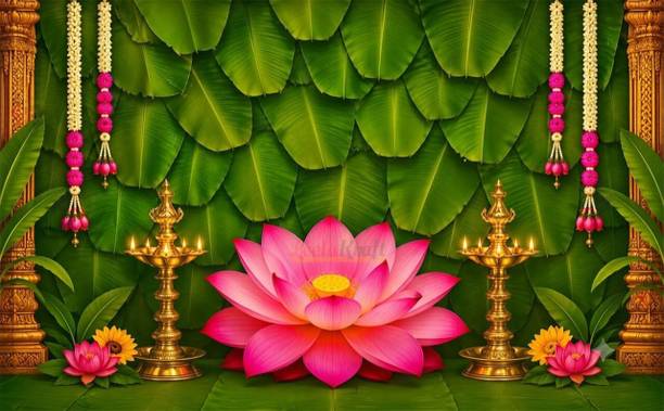 LEELA KRAFT Lotus Wedding Festival Pooja Decoration Backdrop Cloth 5x8 Ft Size Lotus Tapestry