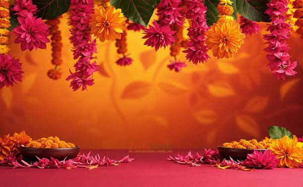 LEELA KRAFT Yellow Pink Flower Wedding Festival Pooja Decoration Backdrop 5x8 Yellow Pink Flower Tapestry