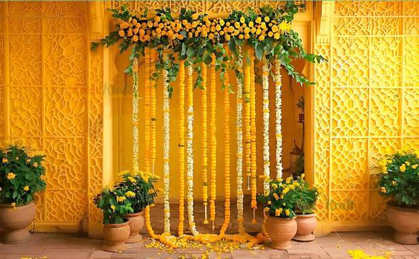 LEELA KRAFT Haldi Wedding Festival Pooja Decoration Backdrop Cloth 5x8 Ft Size Haldi Tapestry