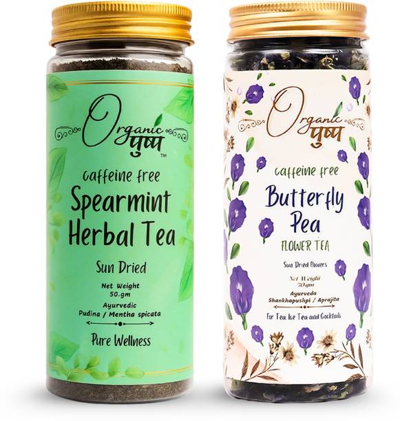 Organic Pushp Butterfly Pea & Spearmint | 30g Butterfly Pea + 50g Spearmint (Pack of Two) Assorted, Assorted Herbal Tea Plastic Bottle