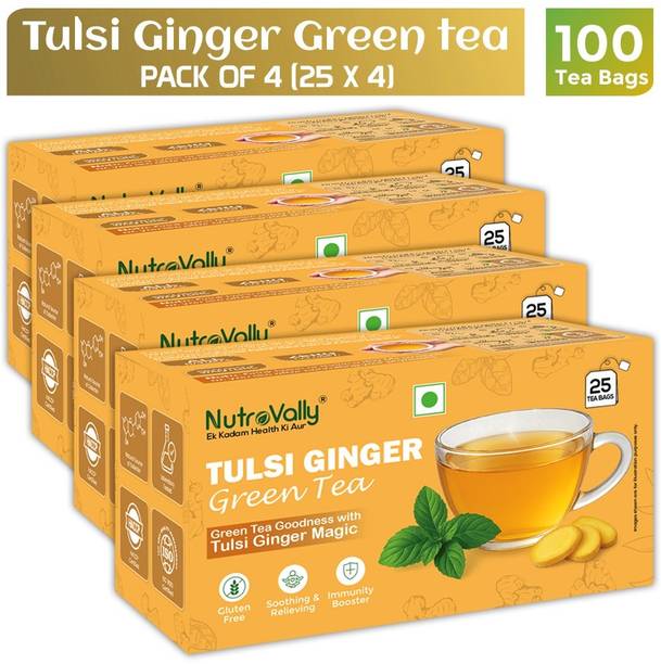 NutroVally Tulsi Ginger Herbal Green Tea | Rich in Antioxidants | Healthy Weight Loss Tea Tulsi, Ginger, Lemon Grass, Mulethi Green Tea Bags Box