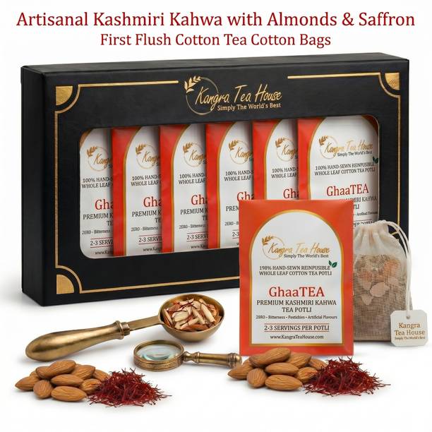Kangra Tea House Kashmiri Kahwa, Saffron & Almond-100%Hand-Sewn Cotton Tea Bag(Reinfusible Potli) Almond, Saffron Green Tea Bags Box