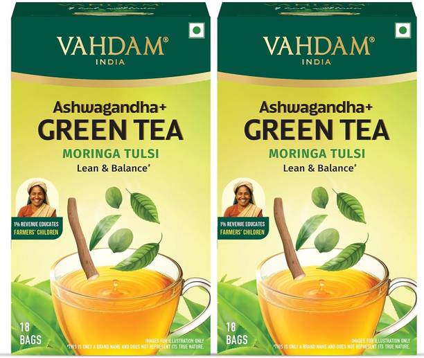 Vahdam Ashwagandha Green Tea with Moringa & Tulsi Ashwagandha Green Tea Bags Box