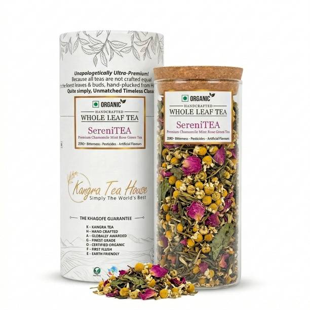 Kangra Tea House Certified Organic Kangra Chamomile Mint Green Tea-KTH SereniTEA 100gms Chamomile, Rose, Mint Green Tea Glass Bottle