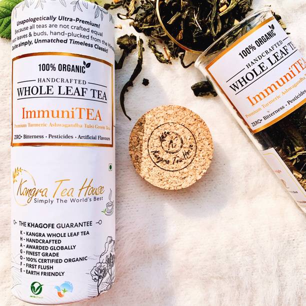 Kangra Tea House Certified Organic Kangra Turmeric Ashwagandha (Indian Ginseng) Green Tea-KTH ImmuniTEA - 100gms Turmeric, Ginseng, Black Pepper, Liquorice, Tulsi Green Tea Glass Bottle