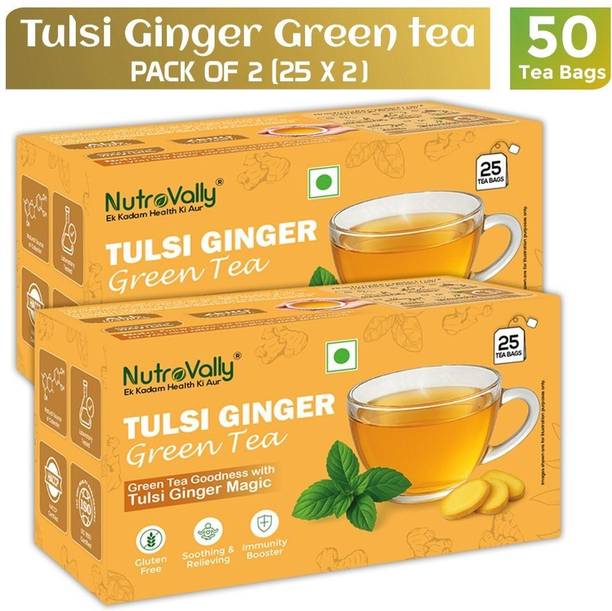 NutroVally Tulsi Ginger Green Tea |Immunity Booster with Anti-Oxidants 50 Teabags Tulsi, Ginger, Lemon Grass, Mulethi Green Tea Bags Box