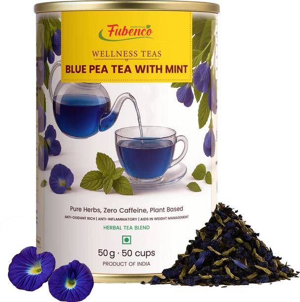 Fubenco Blue Pea Mint Tea| Caffeine-Free| Anti-Oxidants, Stress Relief | 50 Cups Ginger Herbal Tea Tin