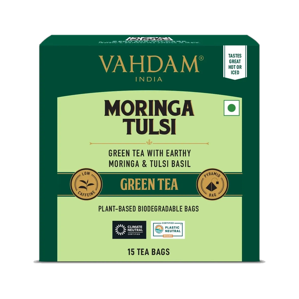 Vahdam Organic Moringa Tulsi Green Tea Bags Tulsi Green Tea Bags Box