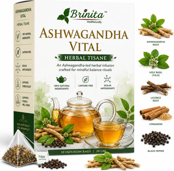 Brinita Premium Ashwagandha Herbal Tea| Tulsi, Fennel, Ginger, Stress Relief & Wellness Ashwagandha, Black Pepper, Cloves, Ginger, Rose, Lavender Herbal Tea Bags Box