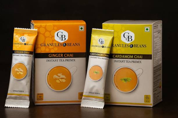 Granules and Beans Combo Pack of Cardamom Tea & Ginger Tea Instant Premix | Adrak Elaichi Chai Premix | 20 Sachets of 14gms Each Chai for immunity & Freshness Ginger, Cardamom Instant Tea Box