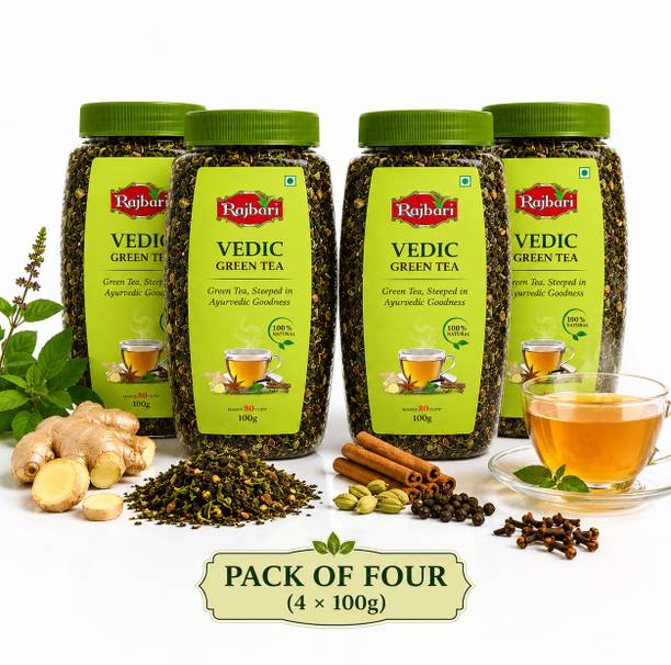 Rajbari Vedic Green Tea 400g | With Real Ayurvedic Herbs | Detox & Immunity | 320 Cups Herbs, Tulsi, Ginger, Cinnamon, Brahmi, Cardamom Herbal Tea Plastic Bottle