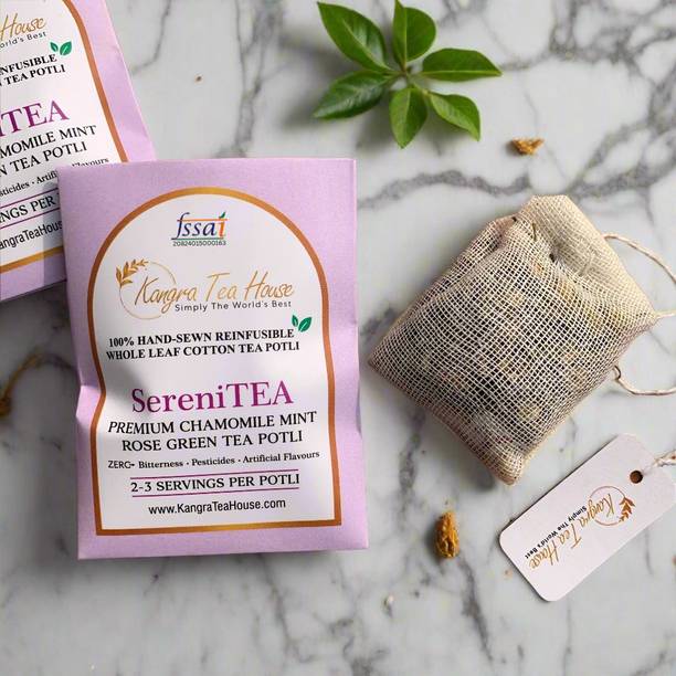 Kangra Tea House 100%Hand-Sewn Premium Cotton Tea Bags(Reinfusible Potli) Chamomile, Mint, Rose Green Tea Bags Box