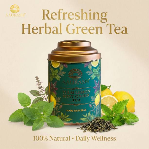 aaurash Tulsi Lemon Mint Green Tea | Lemon Mint Flavor | Refreshing Blend | Loose Tea Tulsi Herbal Tea Tin