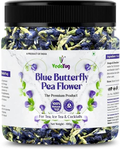 VY VedaYug Premium Blue Butterfly Pea Flower Drinks, Iced Teas, Coolers, Cocktails, 100g Herbal Tea Pouch