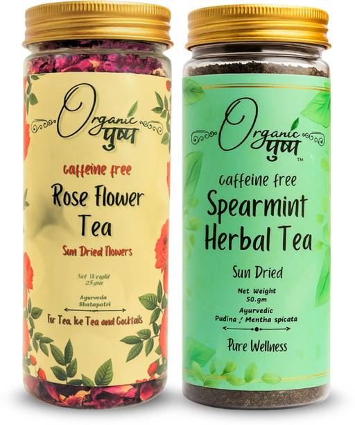 Organic Pushp Rose & Spearmint Tea| 25g Rose Petals + 50g Spearmint Leaves | Pack of Two Rose, Mint Herbal Tea Plastic Bottle
