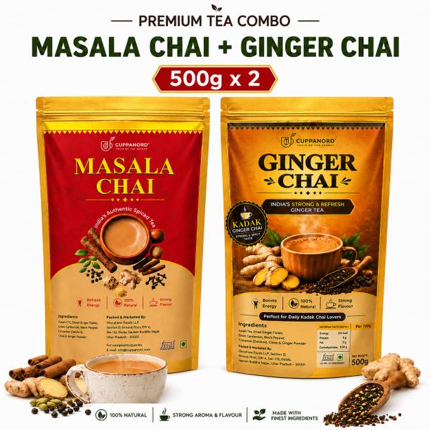 Cuppanord Premium Masala Tea-Ginger Chai Combo 500gx2 |7- Spice Strong Kadak Indian Chai Unflavoured Masala Tea Vacuum Pack