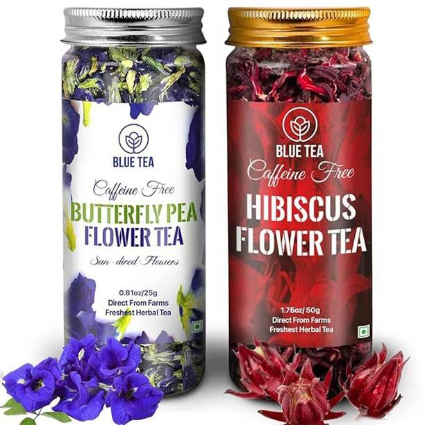 BLUE TEA Butterfly Pea Tea - 25g & Hibiscus Tea - 50g | Antioxidant & Vitamin-C Rich Assorted Herbal Tea Plastic Bottle
